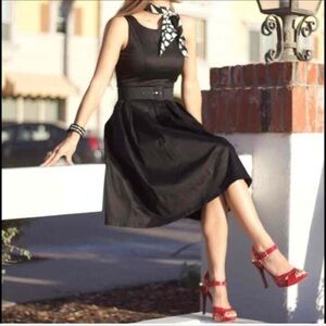 Elegant Black Midi Dress with Red Heels